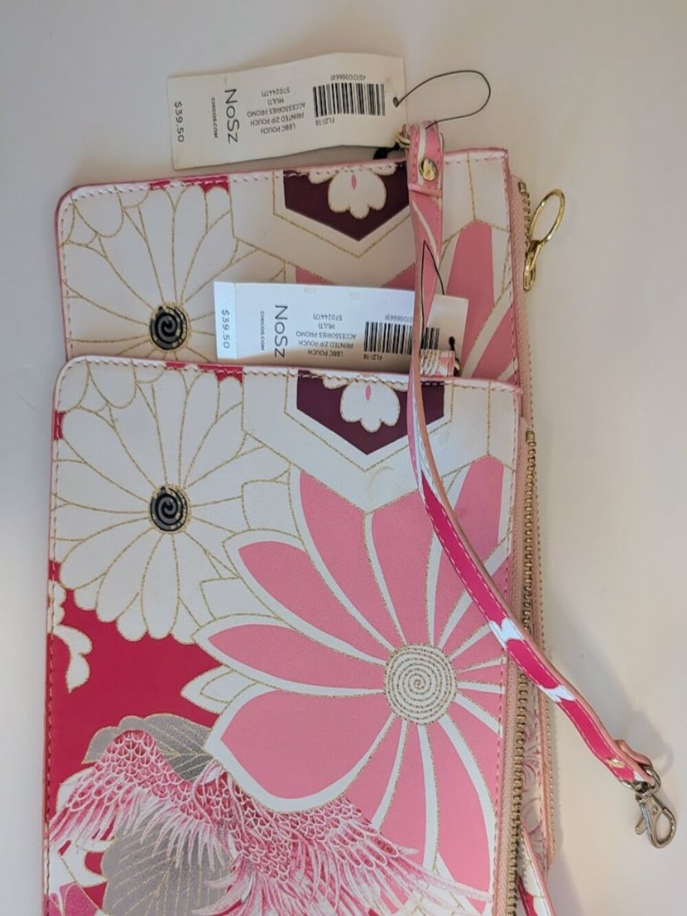 Chico's pink floral set of two pouches‎ NWT